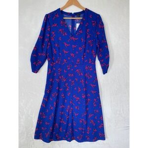 Ann Taylor Factory Blue w/ ReFloral Midi Dress Size 10 V Neck 3/4 Sleeve‎ NEW